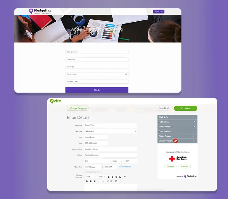 Pledgeling fundraising page and partnering with evite